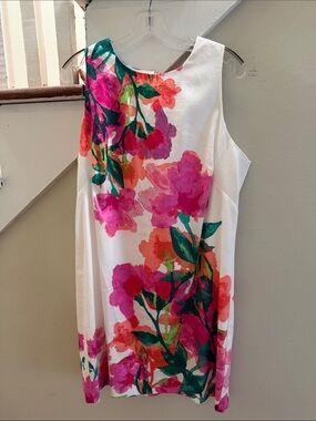 London Times White Mini Dress with Pink and Green Floral Watercolor Print